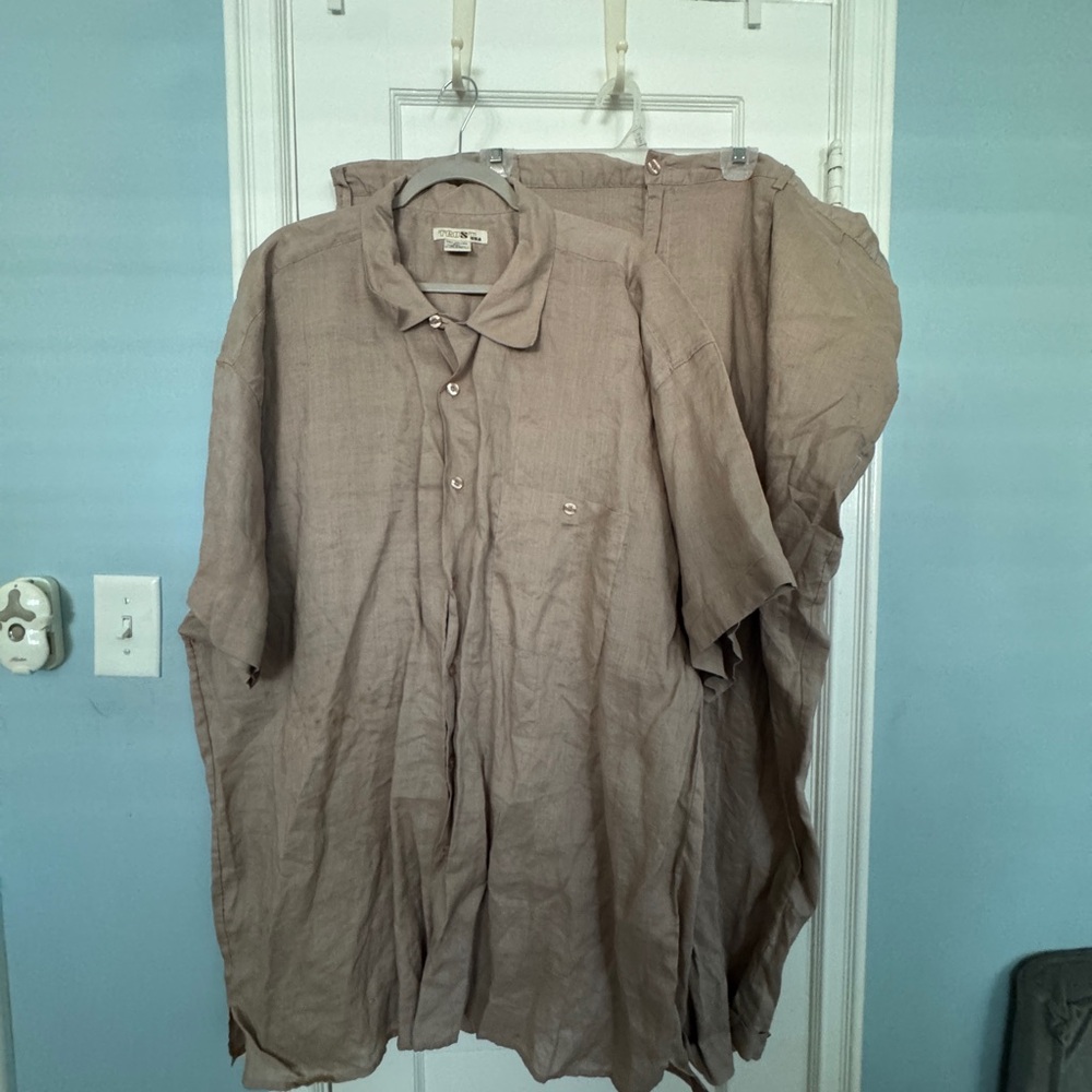 Light Taupe Linen Button-Up Shirt - Casual Relaxed Fit With Pants.
